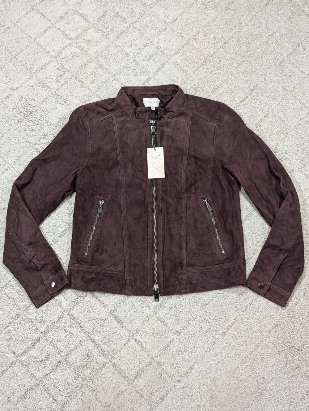 Reiss Jacket Womens 8 Purple Bordeaux Dawn Suede Goat Leather Biker Slim Fit